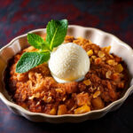 Grate Apple Crisp topped with a buttery oat crumble, vanilla ice cream, and garnished with fresh mint leaves.