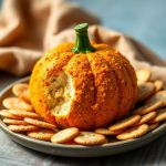 Pumpkin Cheese Ball shaped like a pumpkin, displayed on a plate with crackers, showcasing fall colors and textures.