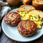 A plate of homemade breakfast sausage patties served with scrambled eggs and toast.