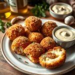 Golden brown Pancetta and Romano Potato Croquettes served on a plate, showcasing a crispy breadcrumb coating with creamy mashed potato and savory pancetta filling, accompanied by a dipping sauce and garnished with fresh herbs.