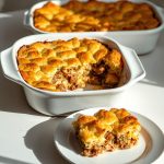 Golden and fluffy sausage breakfast casserole served in a white dish with a slice on a plate, perfect for Christmas morning or a hearty family breakfast.