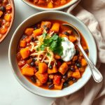 A warm bowl of Butternut Squash Chili filled with chunks of roasted butternut squash, black beans, and diced tomatoes, topped with creamy sour cream, shredded cheese, and fresh cilantro, evoking a cozy autumn meal.