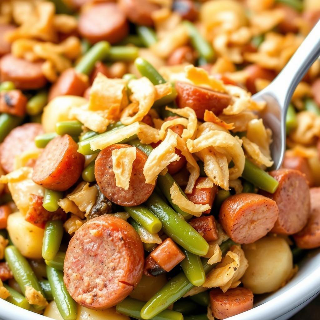 Sausage Green Bean Potato Casserole, featuring smoked sausage, fresh green beans, and tender potatoes, topped with crispy fried onions in a white casserole dish.