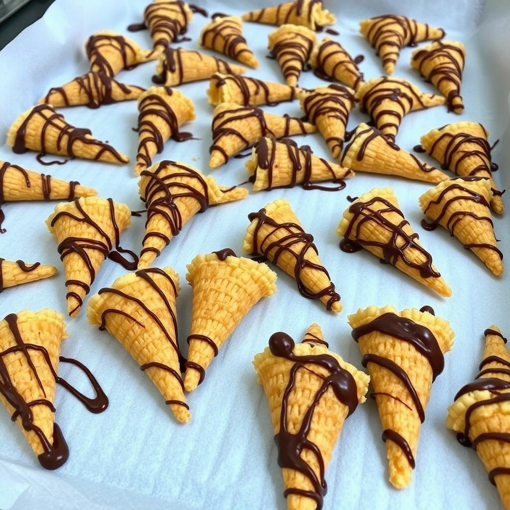 Peanut Butter Bugle Bites: A baking tray loaded with crunchy, cone-shaped Bugles snacks, artfully drizzled with rich chocolate and creamy peanut butter. The golden Bugles sit atop parchment paper, perfectly coated in sweet and savory flavors, making for a tempting, indulgent treat that combines texture and taste.