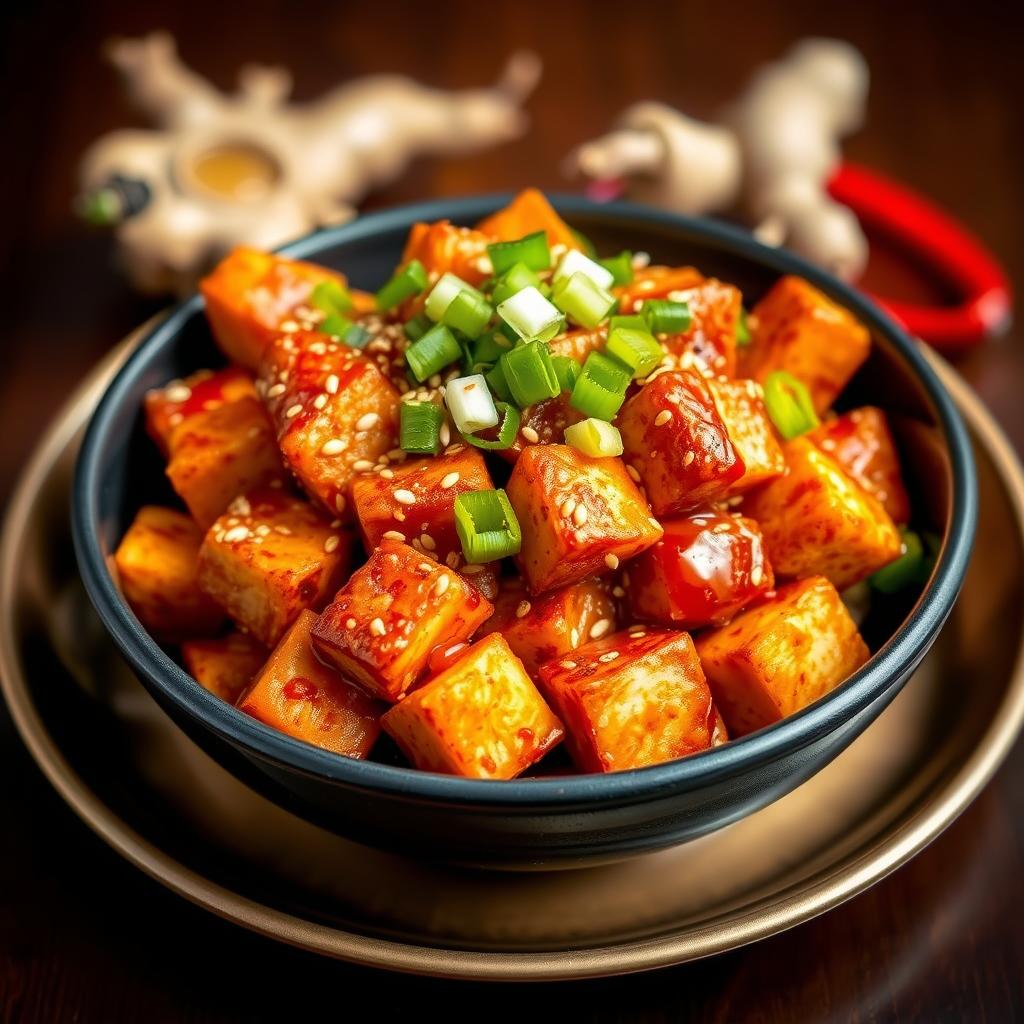 A bowl of Chili Crunch Tofu garnished with sesame seeds and chopped green onions. The tofu cubes are coated in a vibrant, spicy chili sauce, giving them a glossy and appetizing appearance. The dish is served in a black bowl with a bronze plate beneath, while fresh ginger and a red chili pepper are blurred in the background, enhancing the visual appeal of this flavorful plant-based meal.