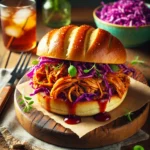 BBQ Jackfruit Sandwiches with tender pulled jackfruit, smoky BBQ sauce, and a vibrant purple cabbage slaw served on a toasted bun.