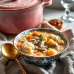 A cozy bowl of Rustic Chicken and Dumplin's, filled with tender chicken, hearty vegetables, and fluffy dumplings, served in a vintage blue patterned bowl with a golden spoon, capturing the essence of comforting homemade cuisine.