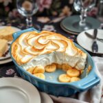 A cozy blue baking dish filled with Mama's Banana Pudding, featuring a golden-brown meringue topping over creamy layers of banana, custard, and vanilla wafers, partially scooped to reveal its delicious texture.