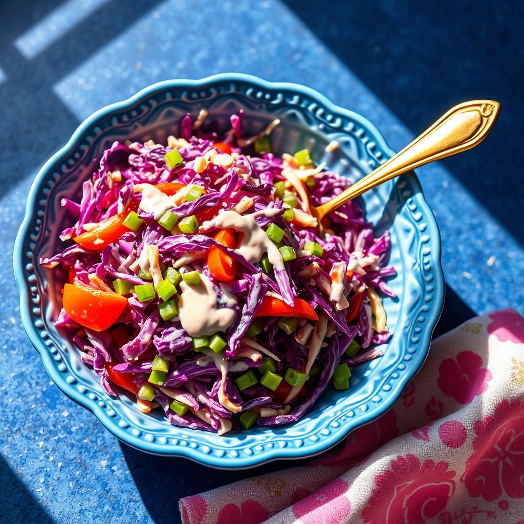 A colorful bowl of Slaw of Many Colors featuring finely chopped purple cabbage, green bell peppers, and red tomatoes, tossed in a creamy dressing. The vibrant slaw is served in a decorative blue bowl with a golden spoon, resting on a textured blue surface alongside a pink and red patterned napkin, illuminated by soft natural light.