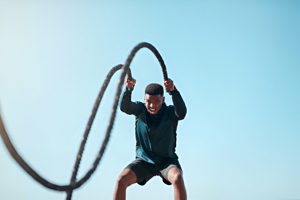 Individual performing HIIT Workouts with battle ropes, demonstrating strength and endurance under a clear sky