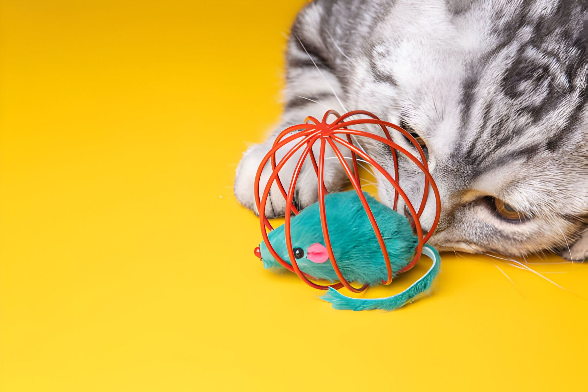 Gray tabby cat playing with a turquoise mouse toy inside a red wire cage on a bright yellow background. This engaging cat toy is designed to stimulate your cat's hunting instincts."