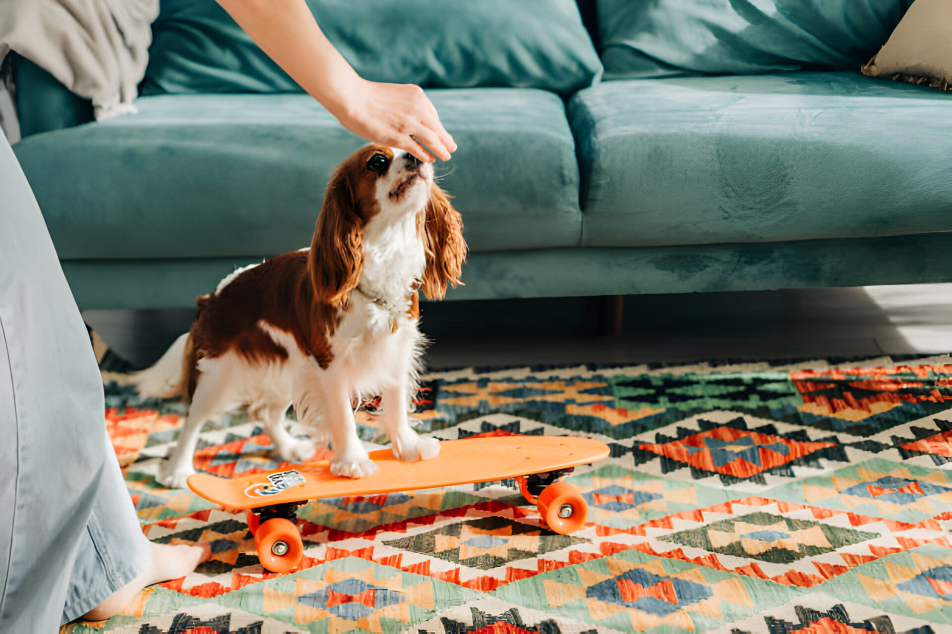 A small puppy standing on an orange skateboard indoors while a person holds a treat above its nose for puppy training.