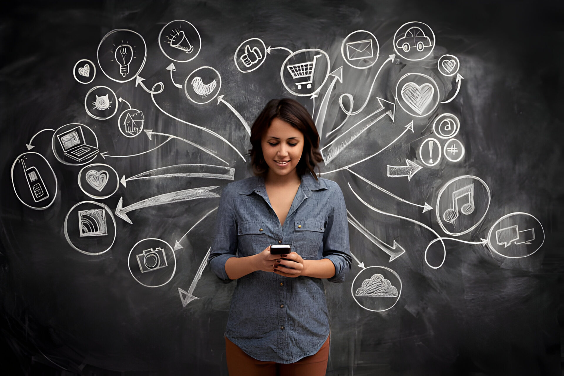 A woman in a denim shirt using a smartphone with a chalkboard behind her, depicting various goals and activities with doodles, representing a Fitness Vision.