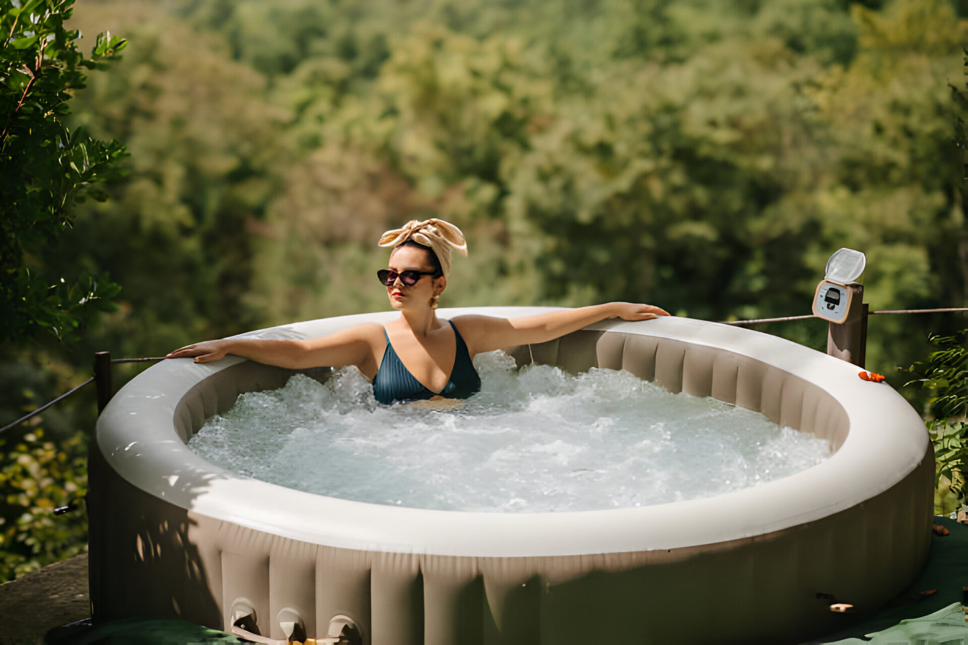 Relaxing scene of a woman wearing sunglasses and a headband, enjoying an inflatable hot tub with bubbling water, set against a backdrop of lush greenery.