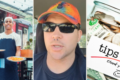 Food truck worker serving pizza, a customer discussing tipping culture, and a jar with tips highlighting the debate on tipping at food trucks.