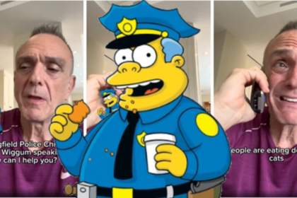 Hank Azaria recreates viral scene as Springfield Police Chief Wiggum in a TikTok video, saying 'people are eating dogs and cats', fueling the Hank Azaria eating dogs quote meme