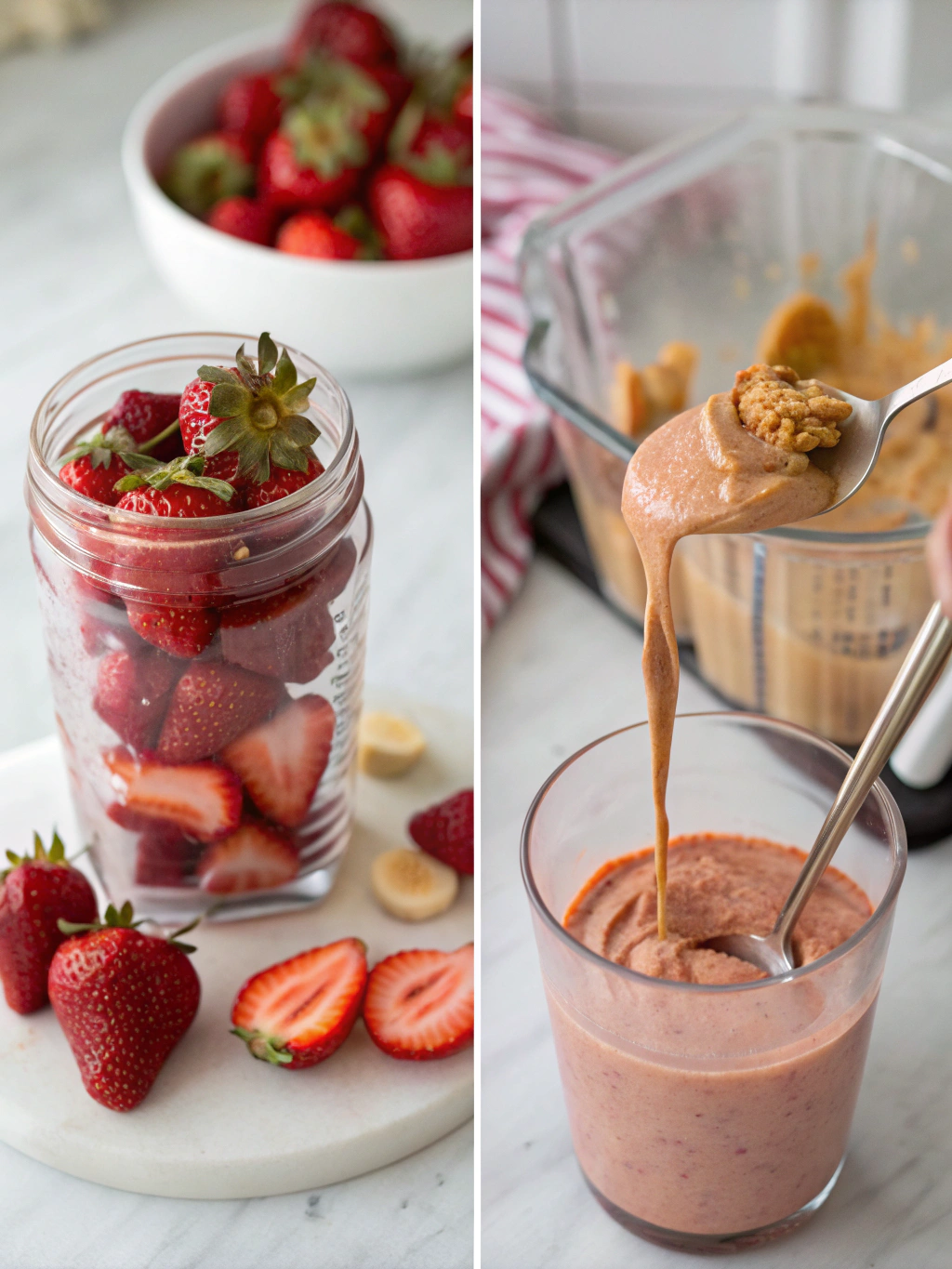 strawberry smoothie with peanut butter preparing steps