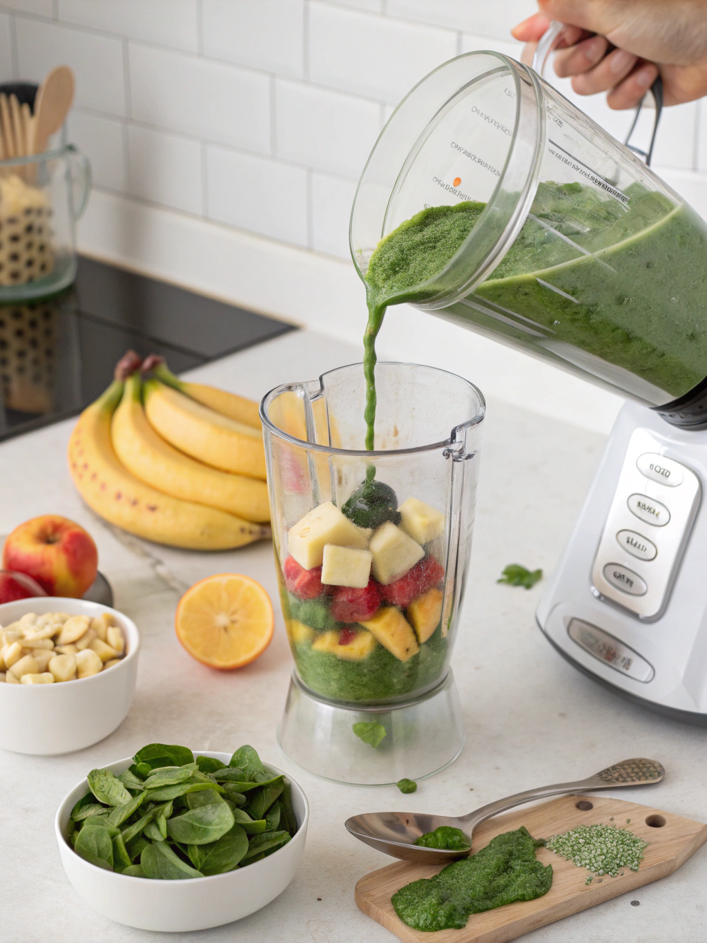 Green monster smoothie preparing steps