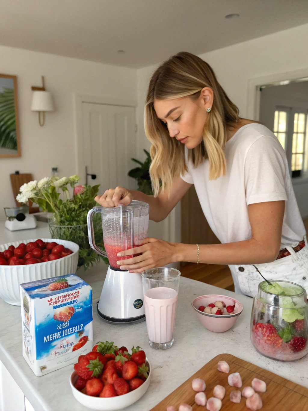 hailey bieber smoothie at home, healthy strawberry smoothie recipe preparing steps